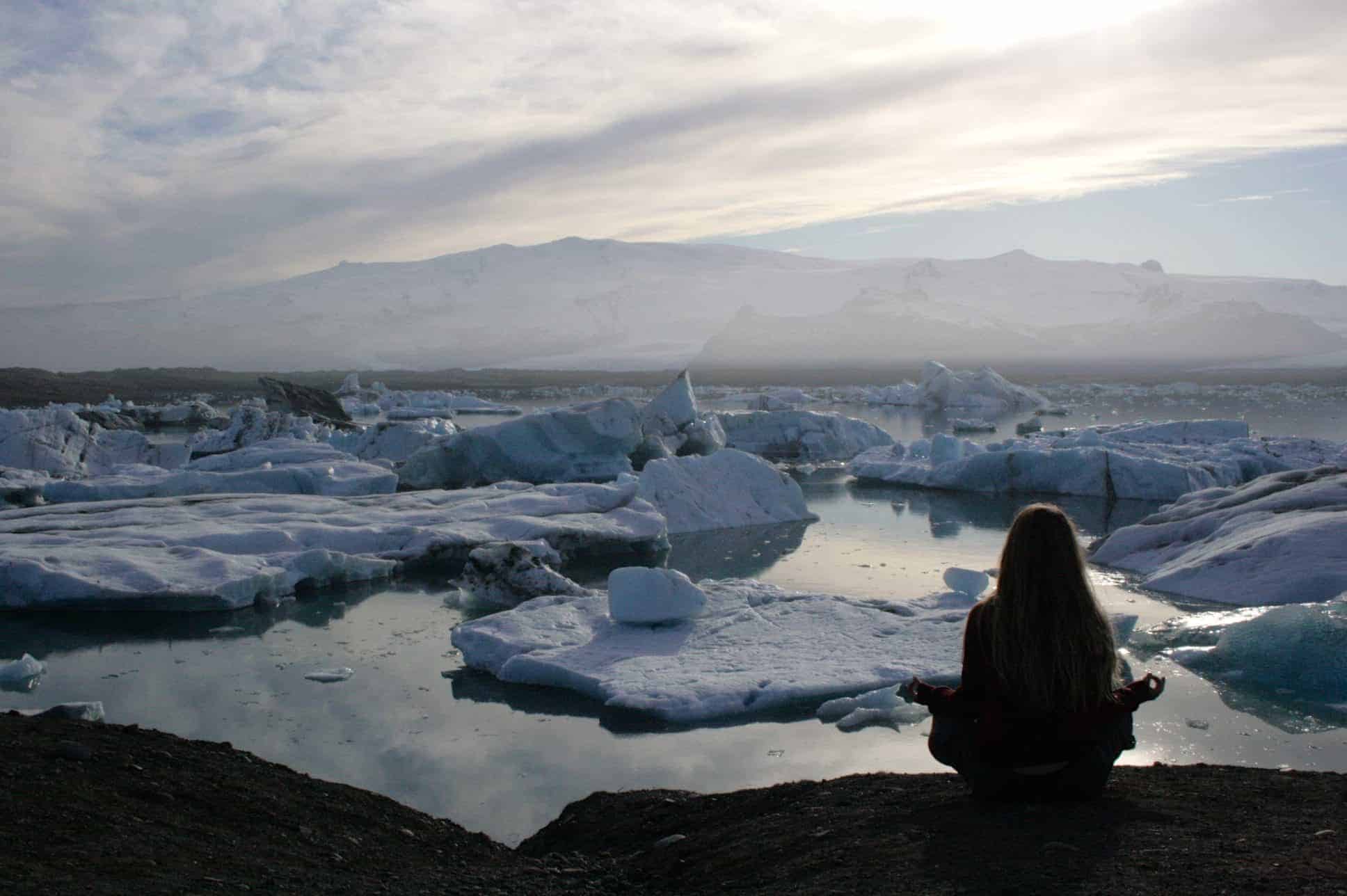 Meditation by the glacial lake in Iceland