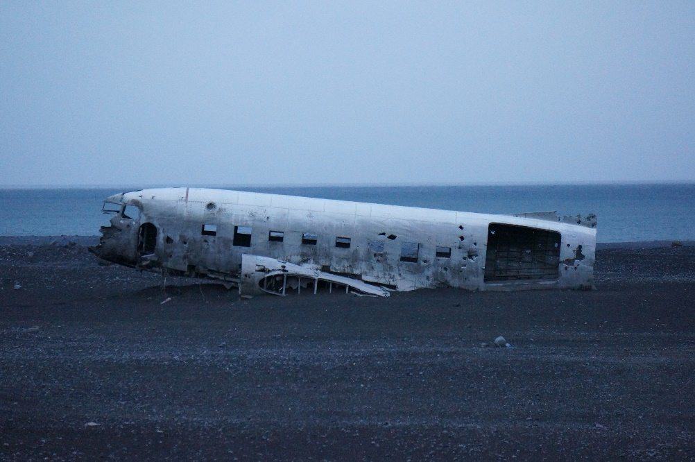 The airplane on a black sand beach in Iceland